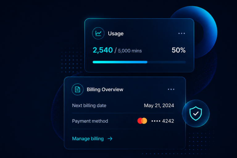 Client portal showing AI agents, plans, and billing