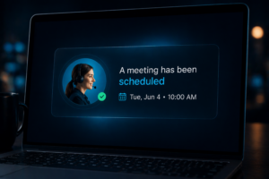 AI voice agent booking a meeting on a laptop